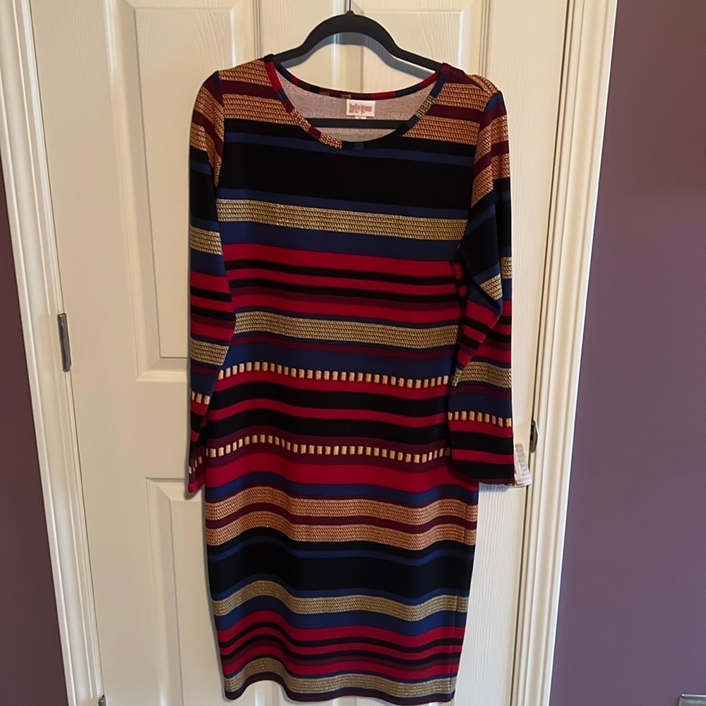 Lularoe Elegant Debbie pencil sheath dress gold red black stripe size XL X Large